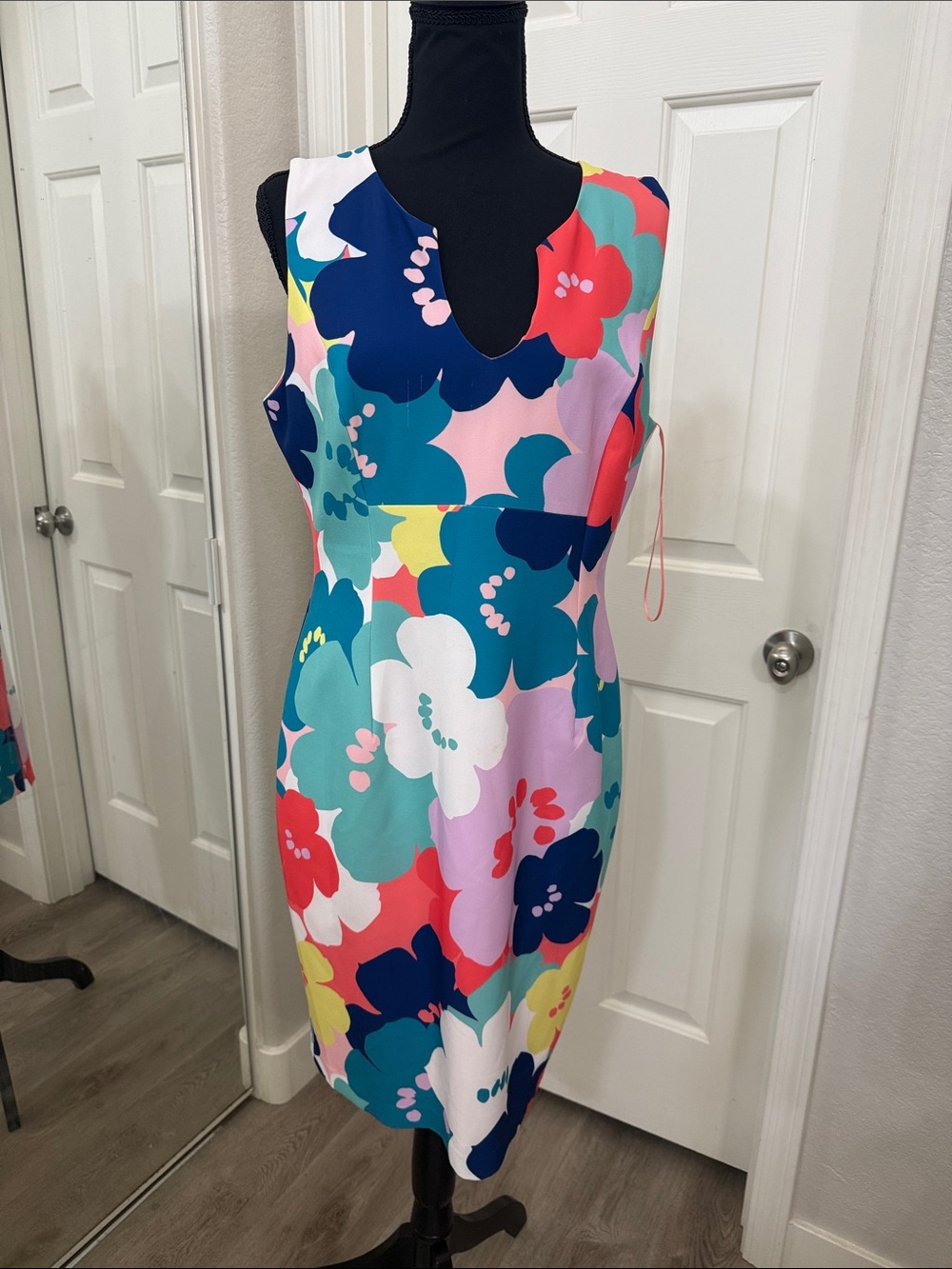 Trina Turk Bold Floral Sheath Dress in Navy, Coral and Aqua